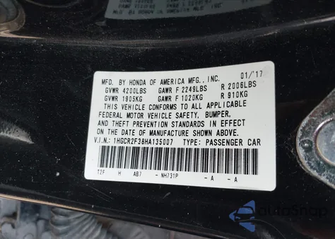 2017 Honda Accord Lx из США, поврежденный, VIN 1HGCR2F38HA135007